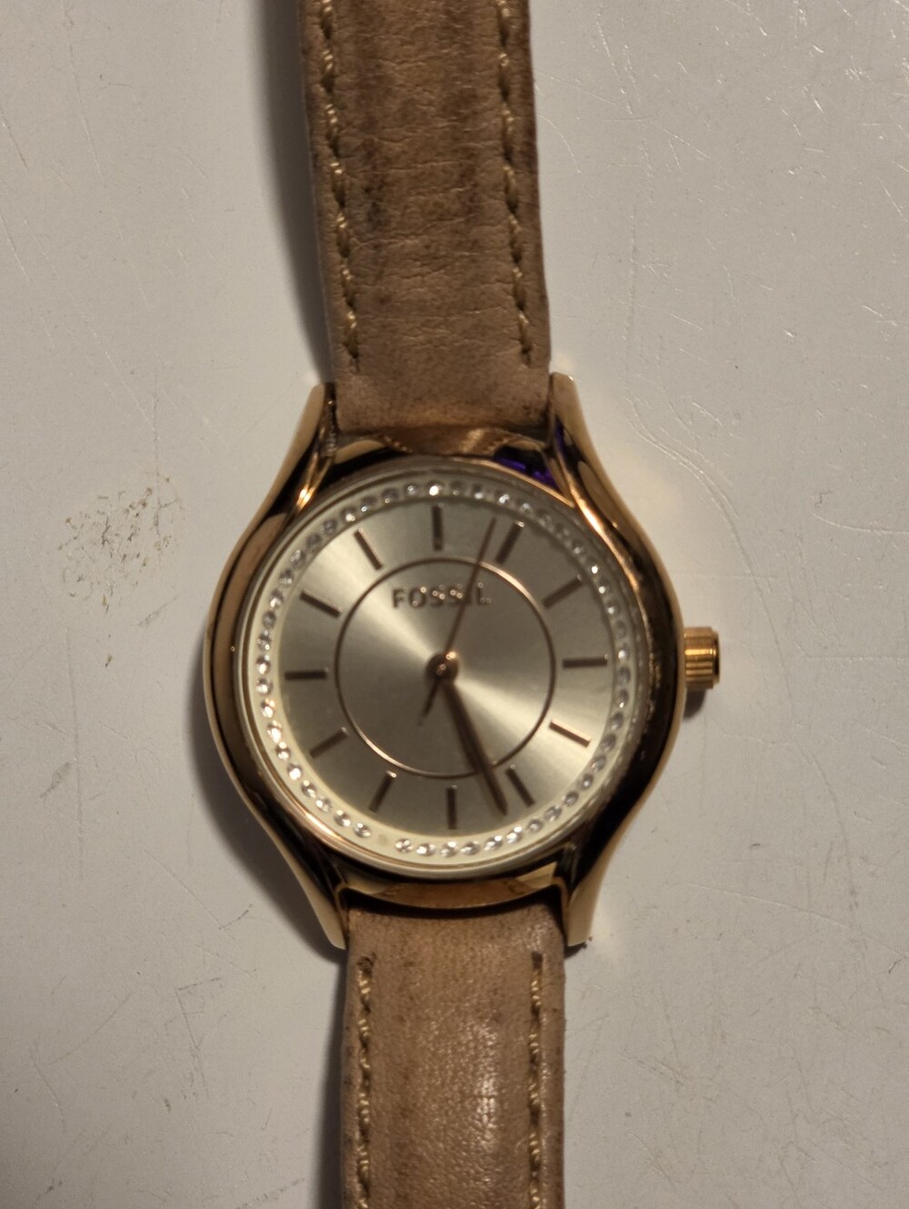 Fossil Gold-Tone Watch with Beige Leather Strap